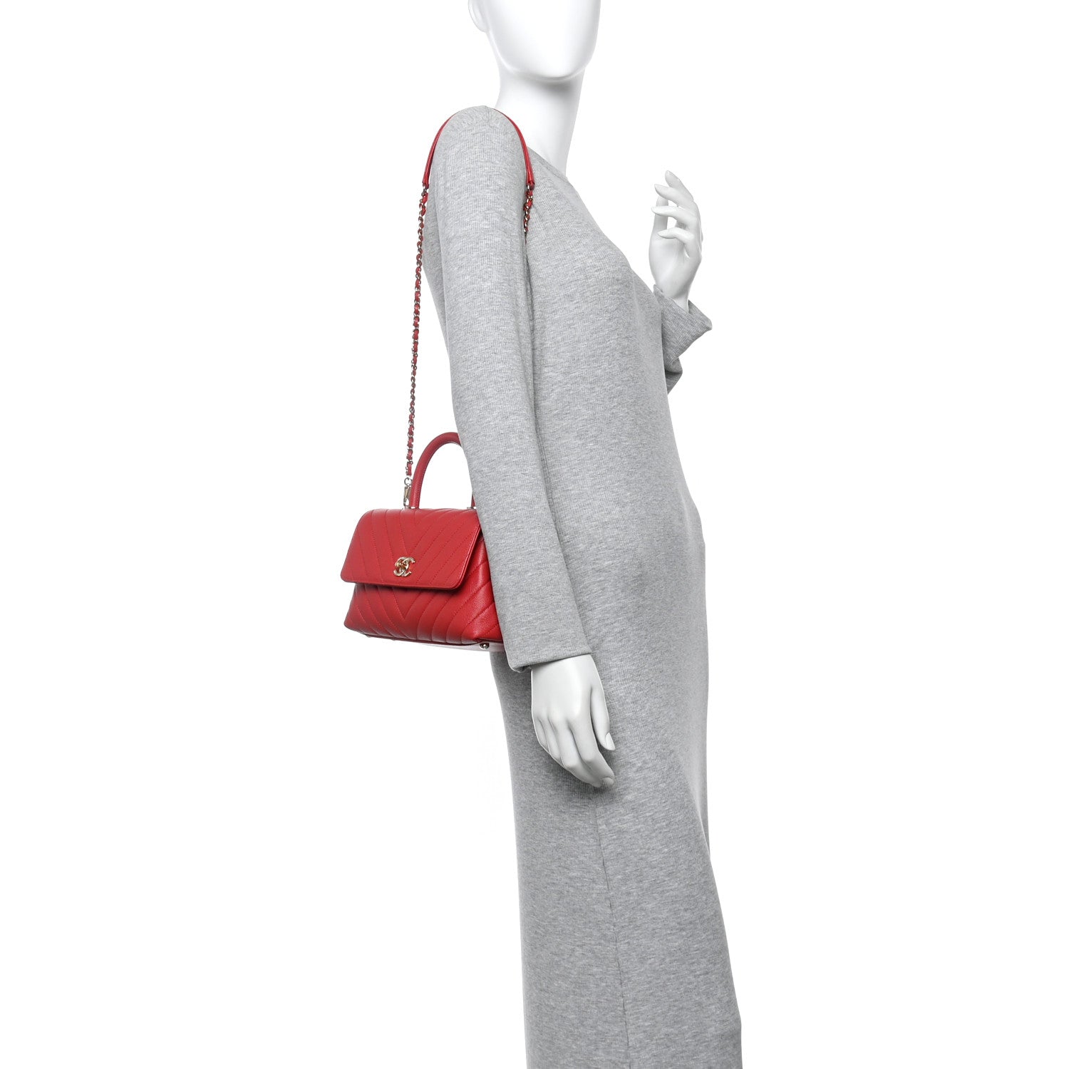 Chanel Caviar Chevron Quilted Mini Coco Handle Flap Red 3 of 19