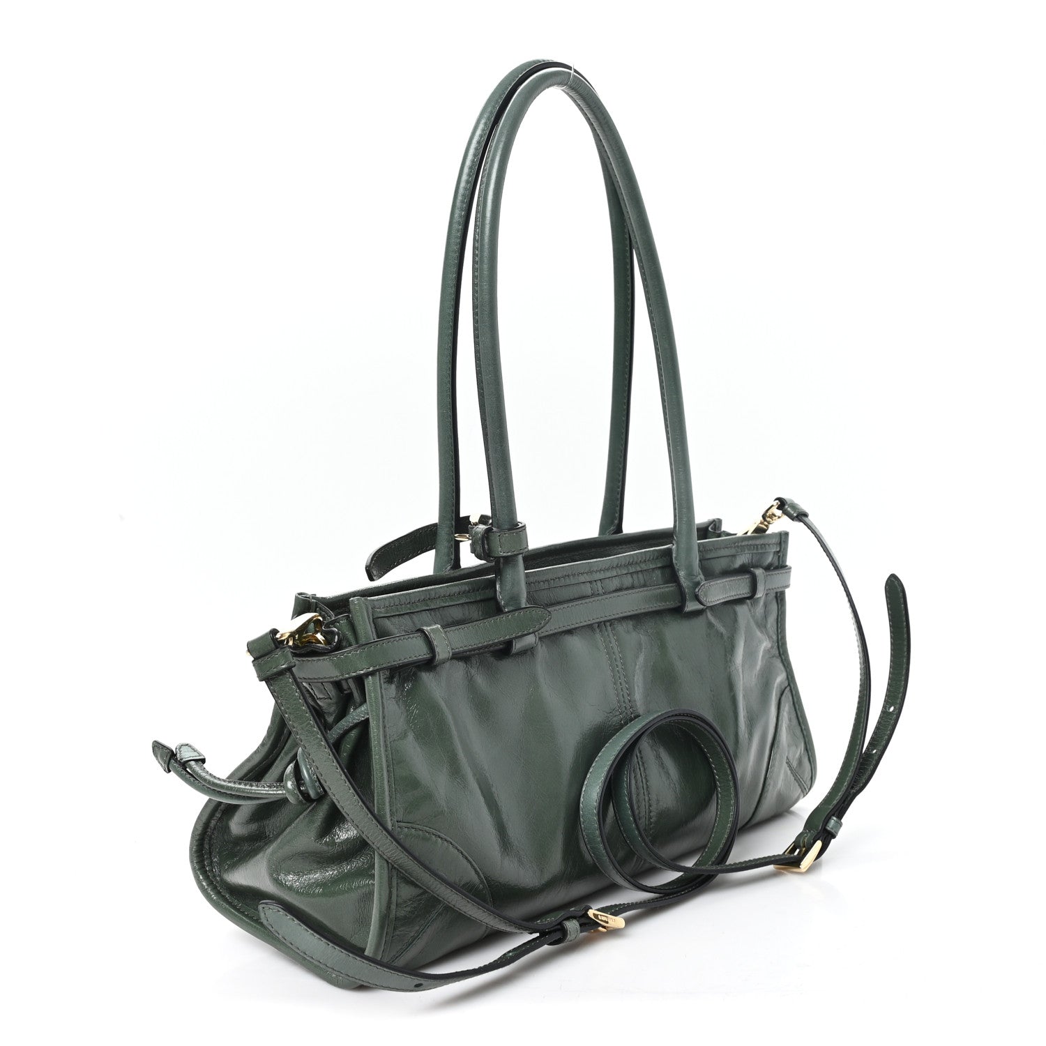 Prada Glossy Calfskin Triangle Medium Bonnie Shoulder Bag Salvia 3 of 9