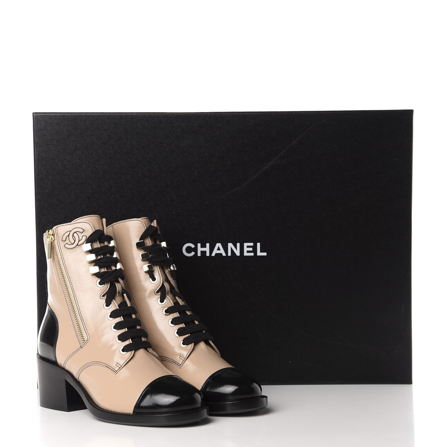 Patent Calfskin CC Lace Up Short Boots 36 Beige Black