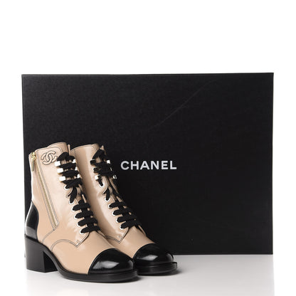 Chanel Patent Calfskin CC Lace Up Short Boots 36 Beige Black 10 of 10