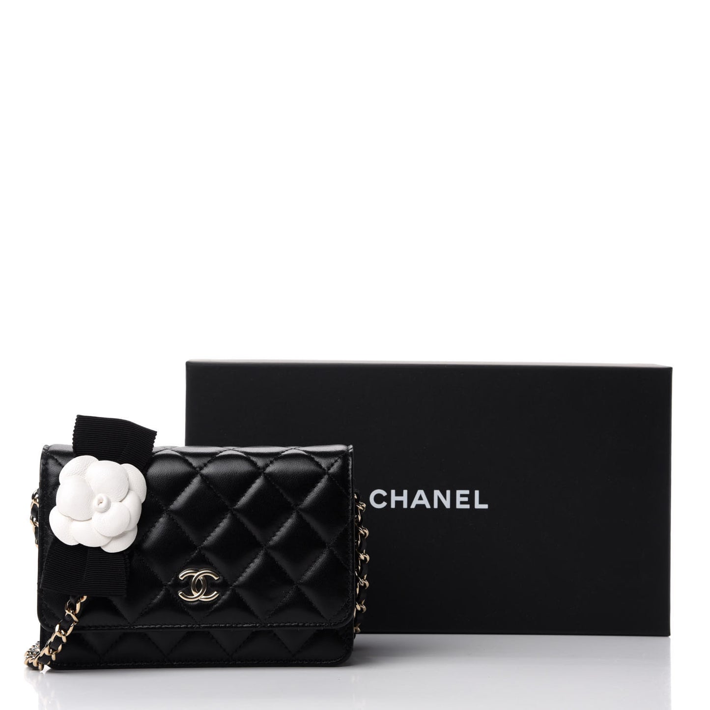Lambskin Quilted Mini Camellia Bow Wallet On Chain WOC Black