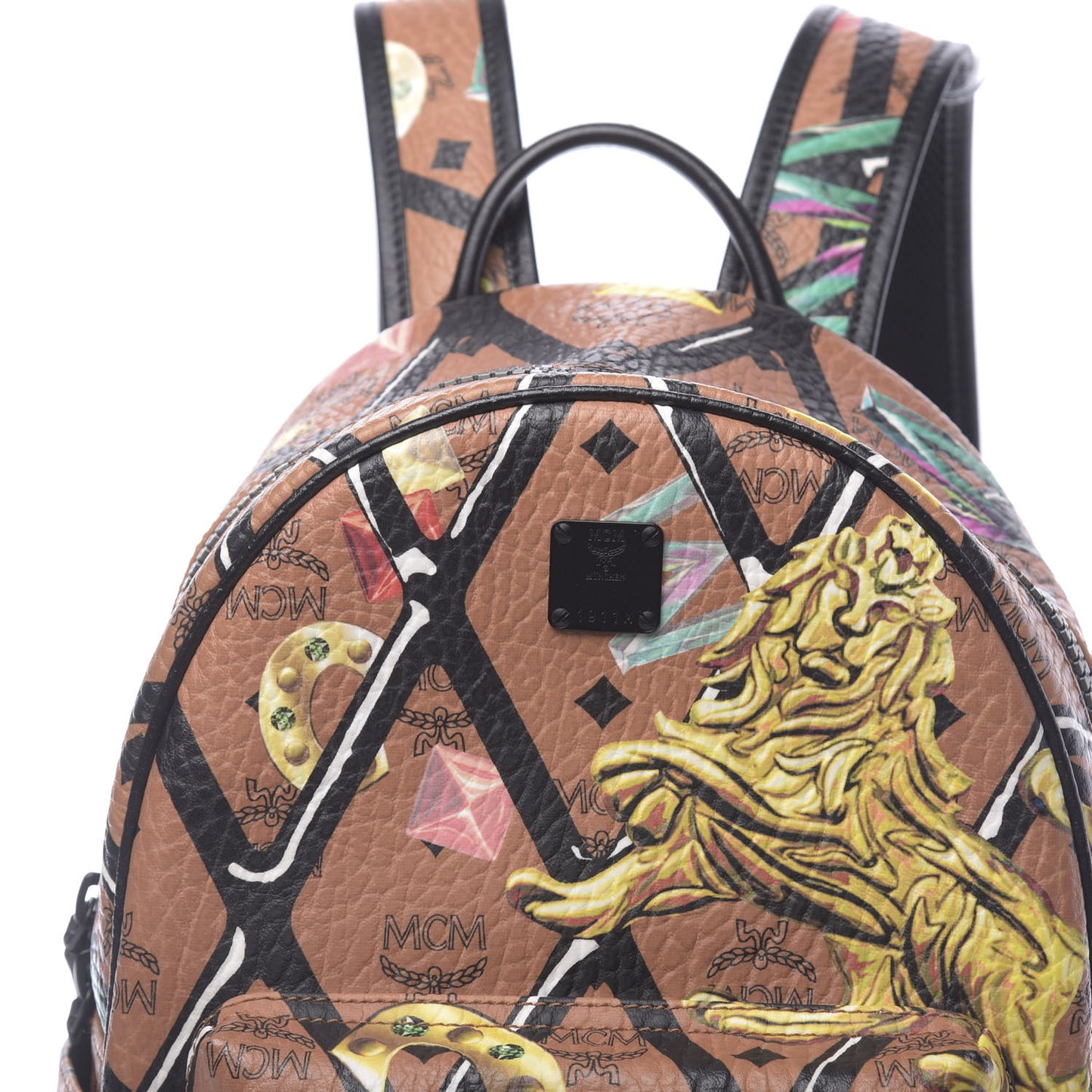 Visetos Calfskin Motif Rombi Lion Printed Small Backpack Cognac
