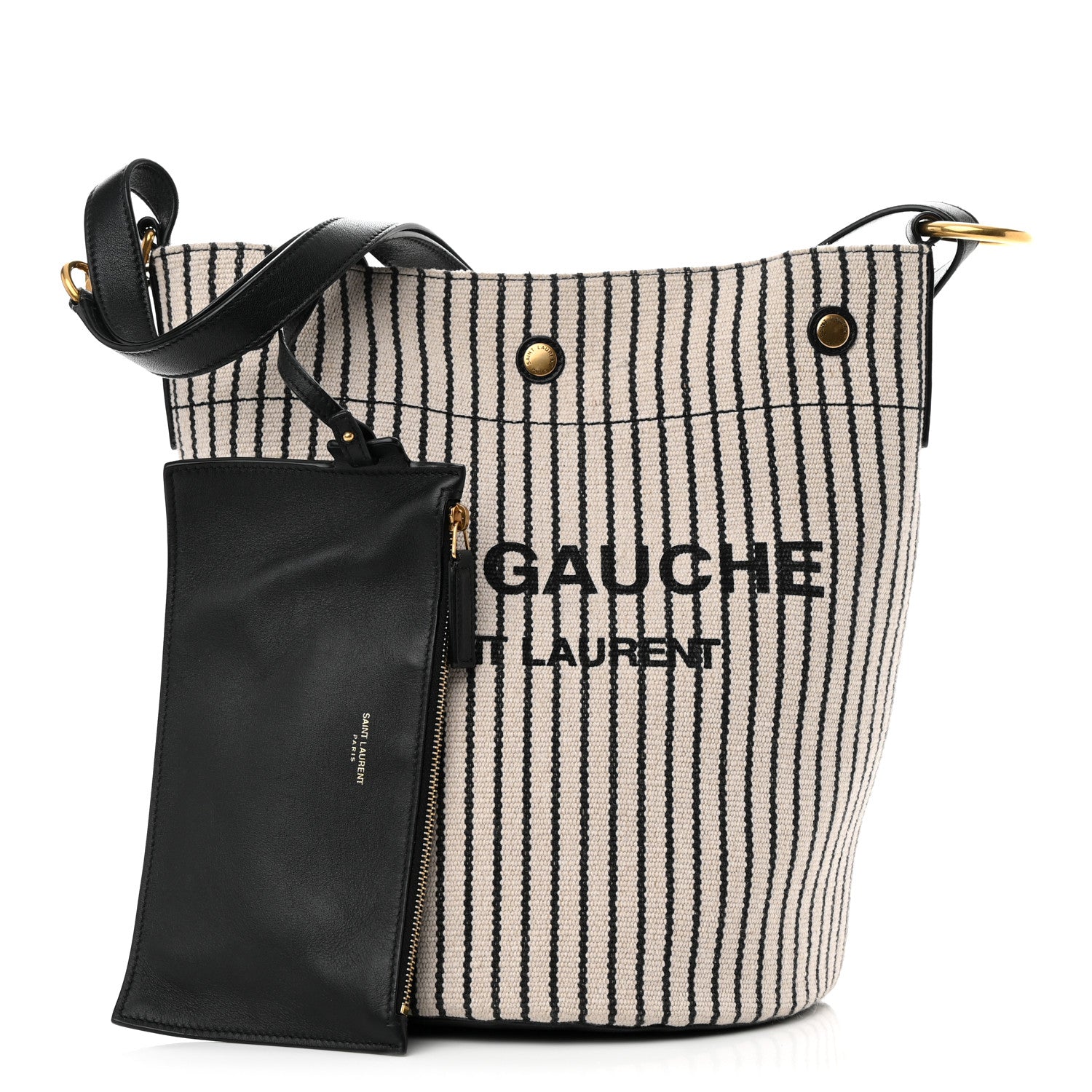 Saint Laurent Linen Calfskin Striped Rive Gauche Bucket Bag Grey Cream Black 1 of 15