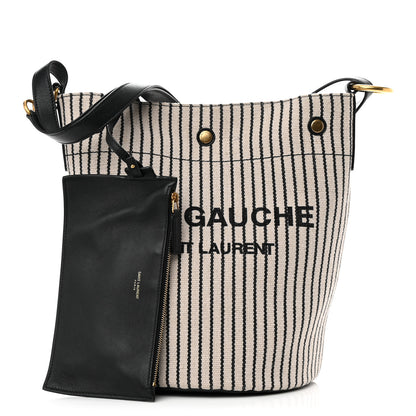 Saint Laurent Linen Calfskin Striped Rive Gauche Bucket Bag Grey Cream Black 1 of 15