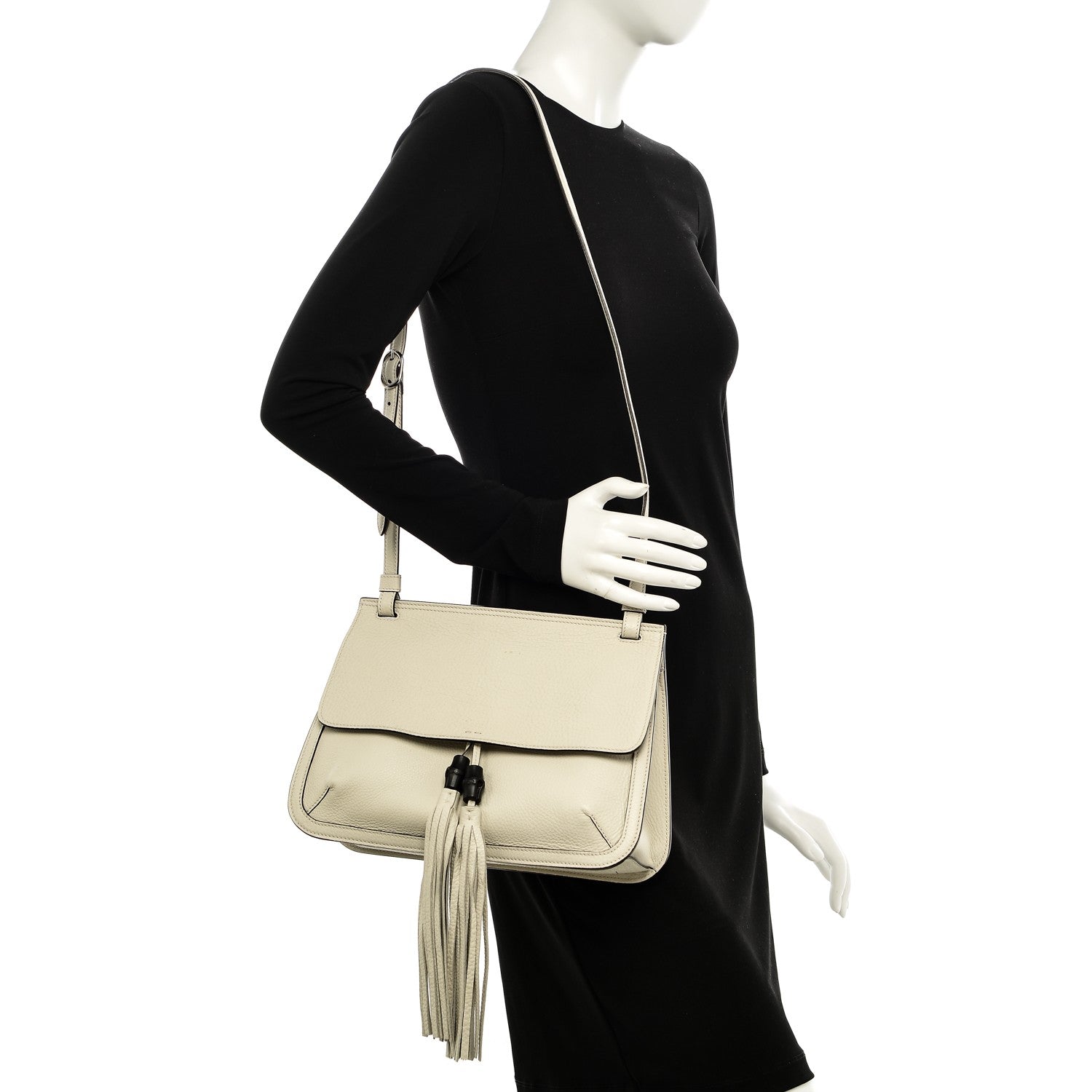Gucci Pebbled Calfskin Medium Bamboo Daily Flap Shoulder Bag Mystic White 2 of 8