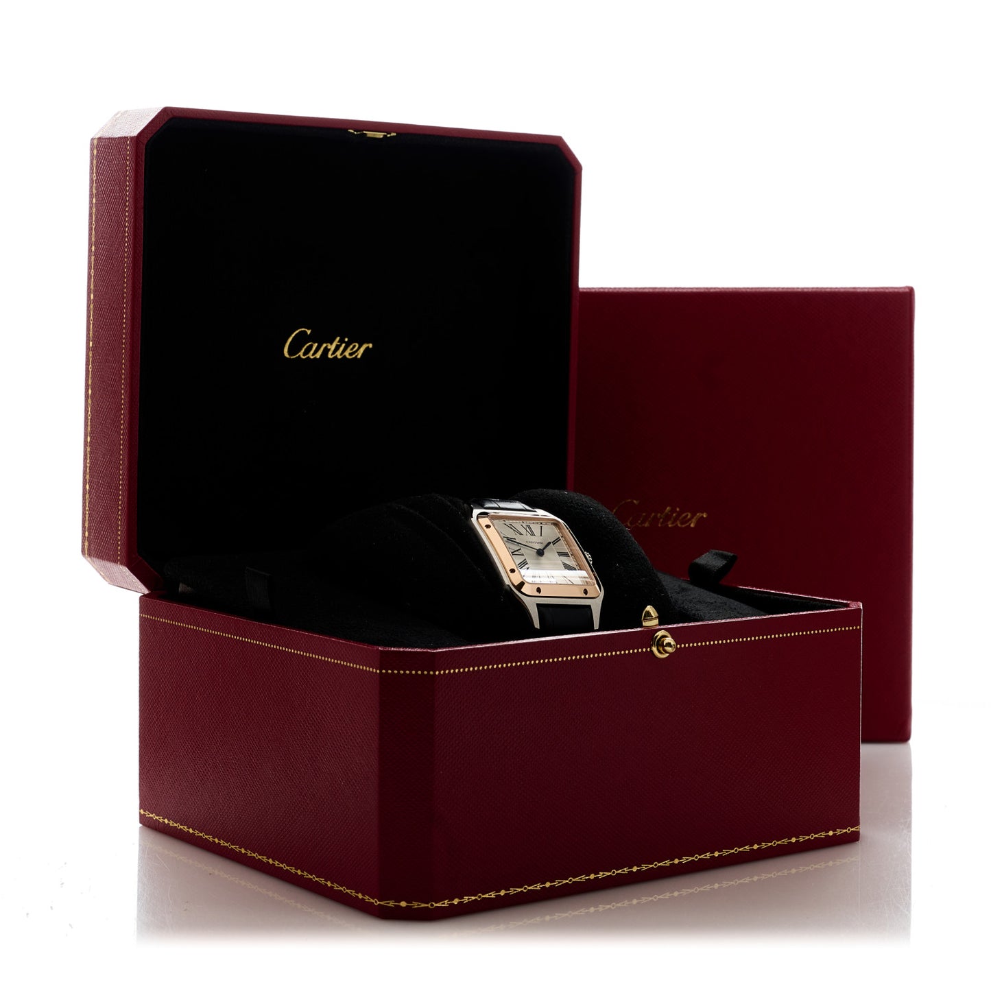 Stainless Steel 18K Pink Gold Alligator 31.4mm Santos Dumont Quartz Watch