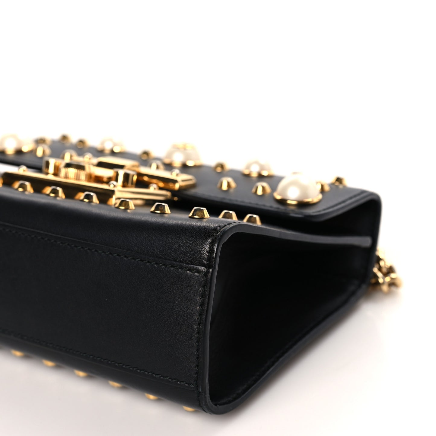 Calfskin Studded Small Padlock Shoulder Bag Black