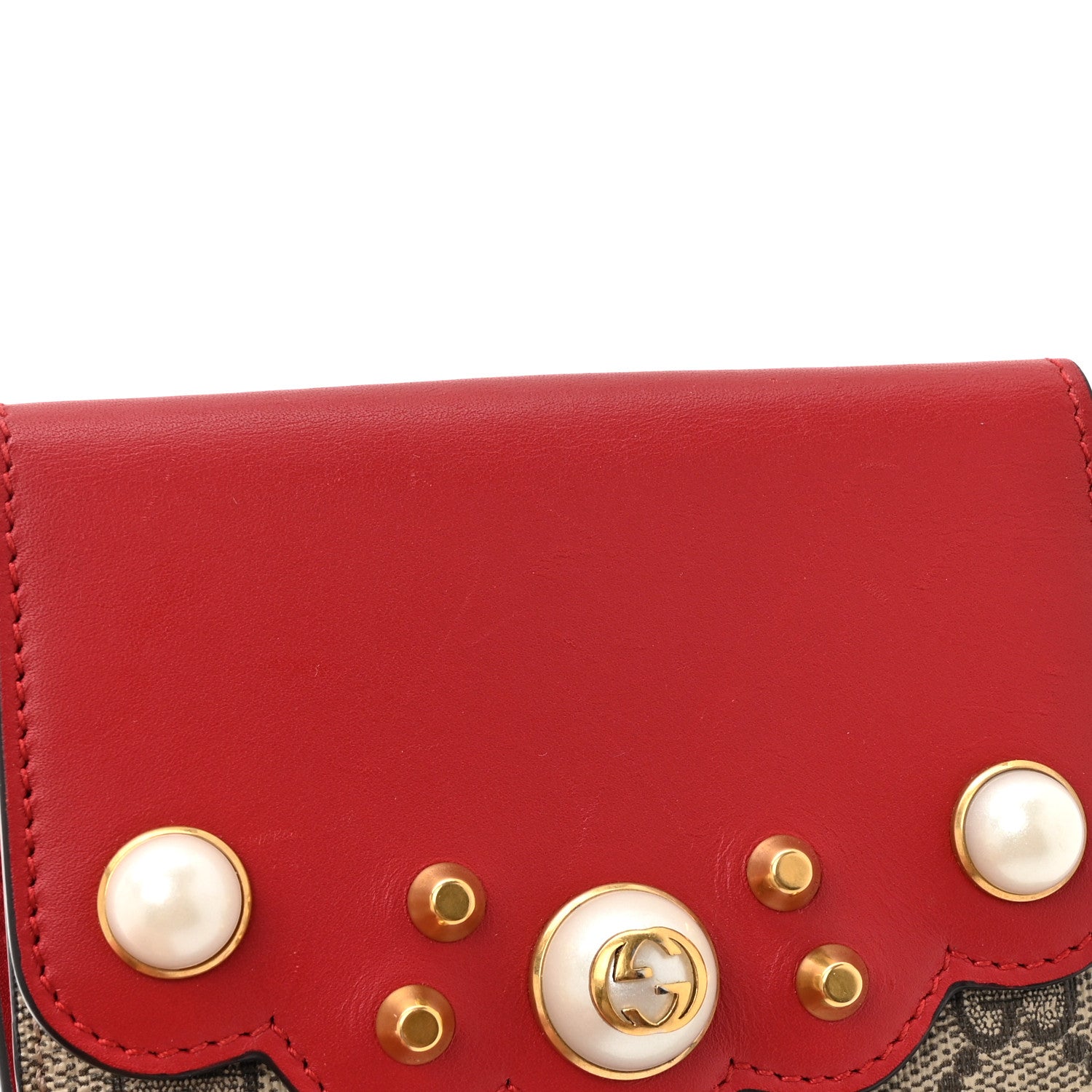 Gucci GG Supreme Monogram Pearl Studded French Wallet Beige Hibiscus Red 13 of 14