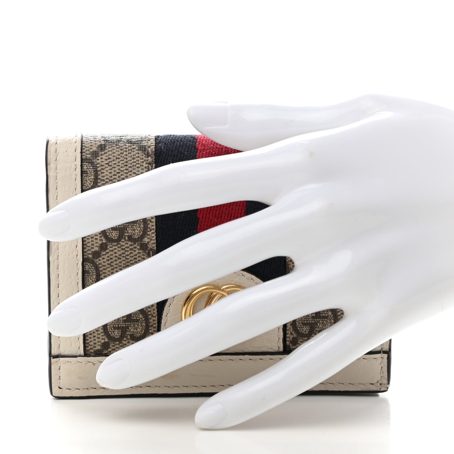 GG Supreme Monogram Textured Dollar Calfskin Web Ophidia Card Case Beige Ebony Mystic White