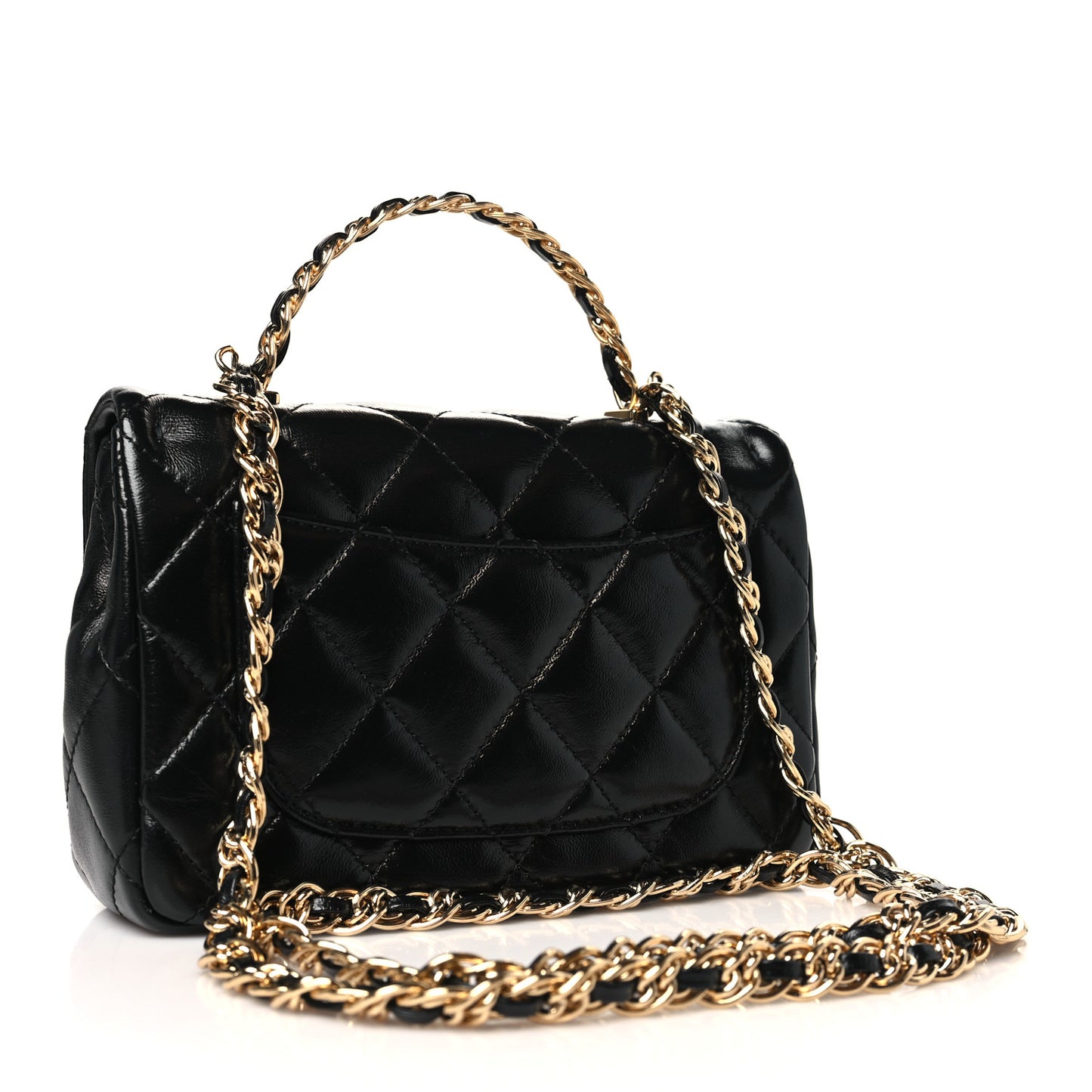 Shiny Lambskin Quilted Golden Links Top Handle Flap Black