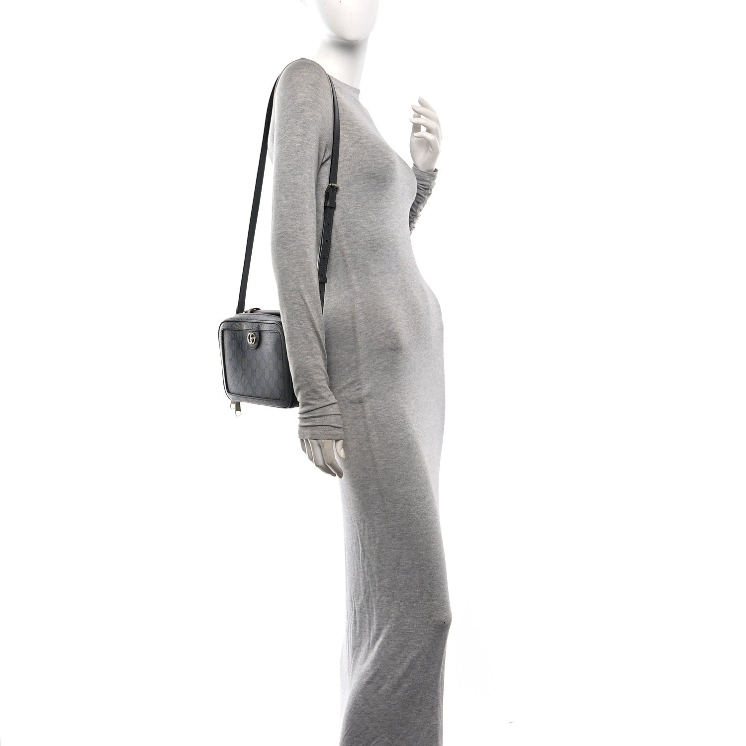 Gucci GG Supreme Monogram Textured Dollar Calfskin Small Ophidia Top Handle Shoulder Bag  Grey Black Graphite Grey 2 of 11