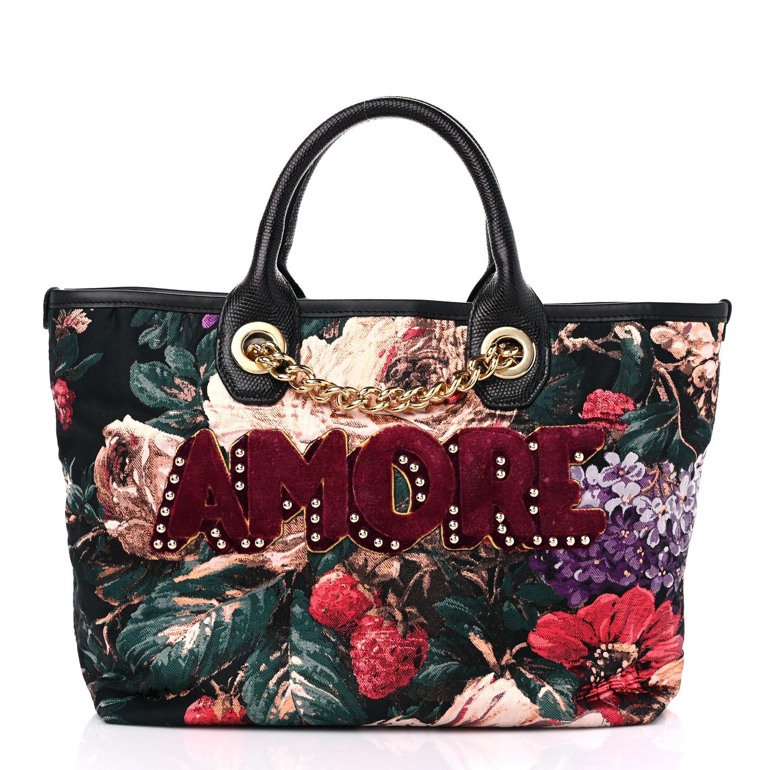 Dolce & Gabbana Jacquard Floral Stampa Iguana Amore Tote Black Multicolor 3 of 12