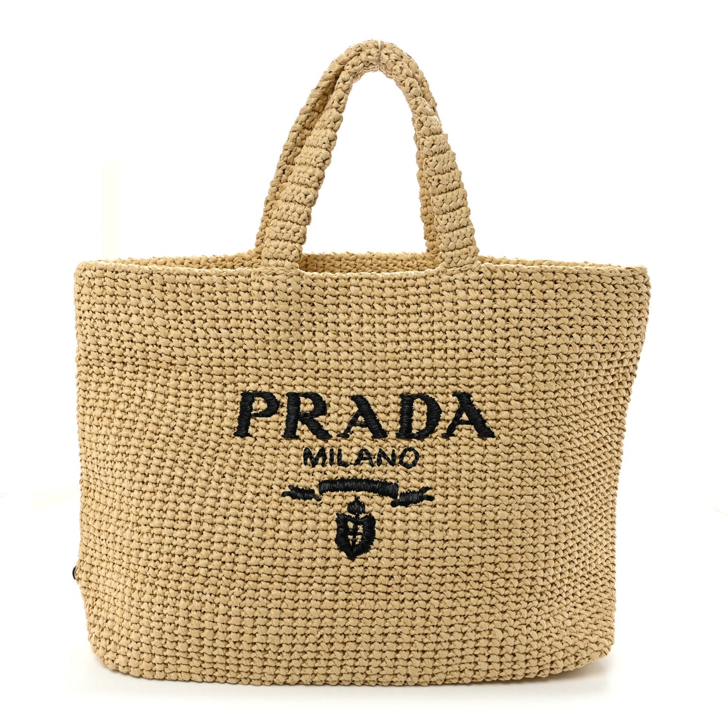 Yarn Raffia Effect Crochet Embroidered Logo Tote Naturale