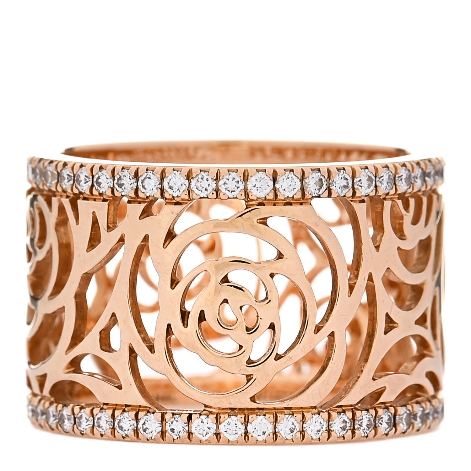 Chanel 18K Rose Gold Diamond Camellia Ajoure Band Ring 50 5.25 1 of 4