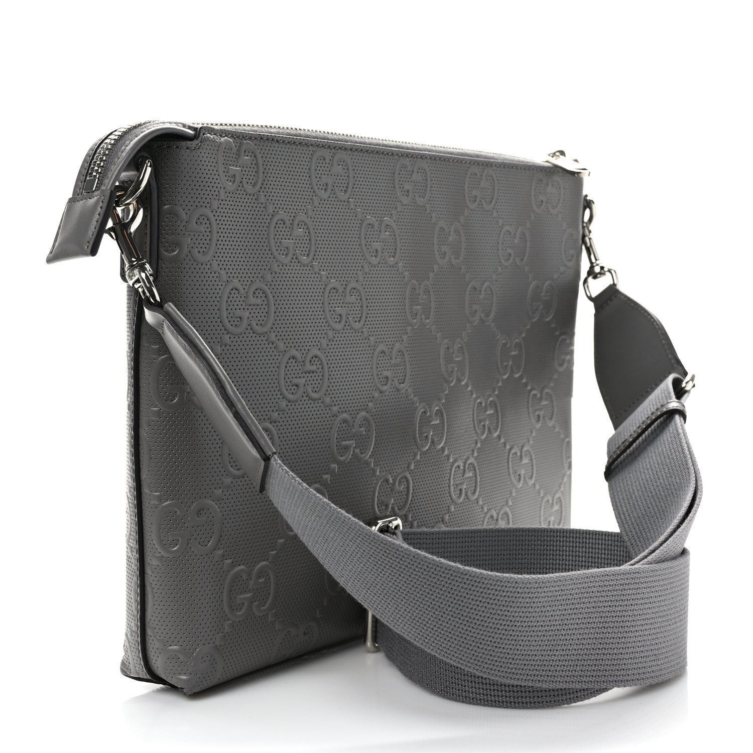 Gucci Calfskin GG Tennis Embossed Medium Wristlet Messenger Bag Gray 3 of 8