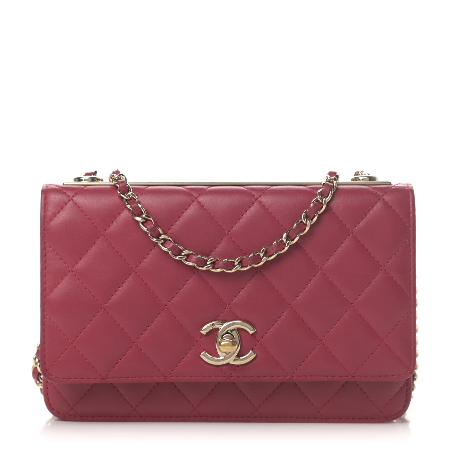 Lambskin Quilted Trendy CC Wallet On Chain WOC Dark Pink