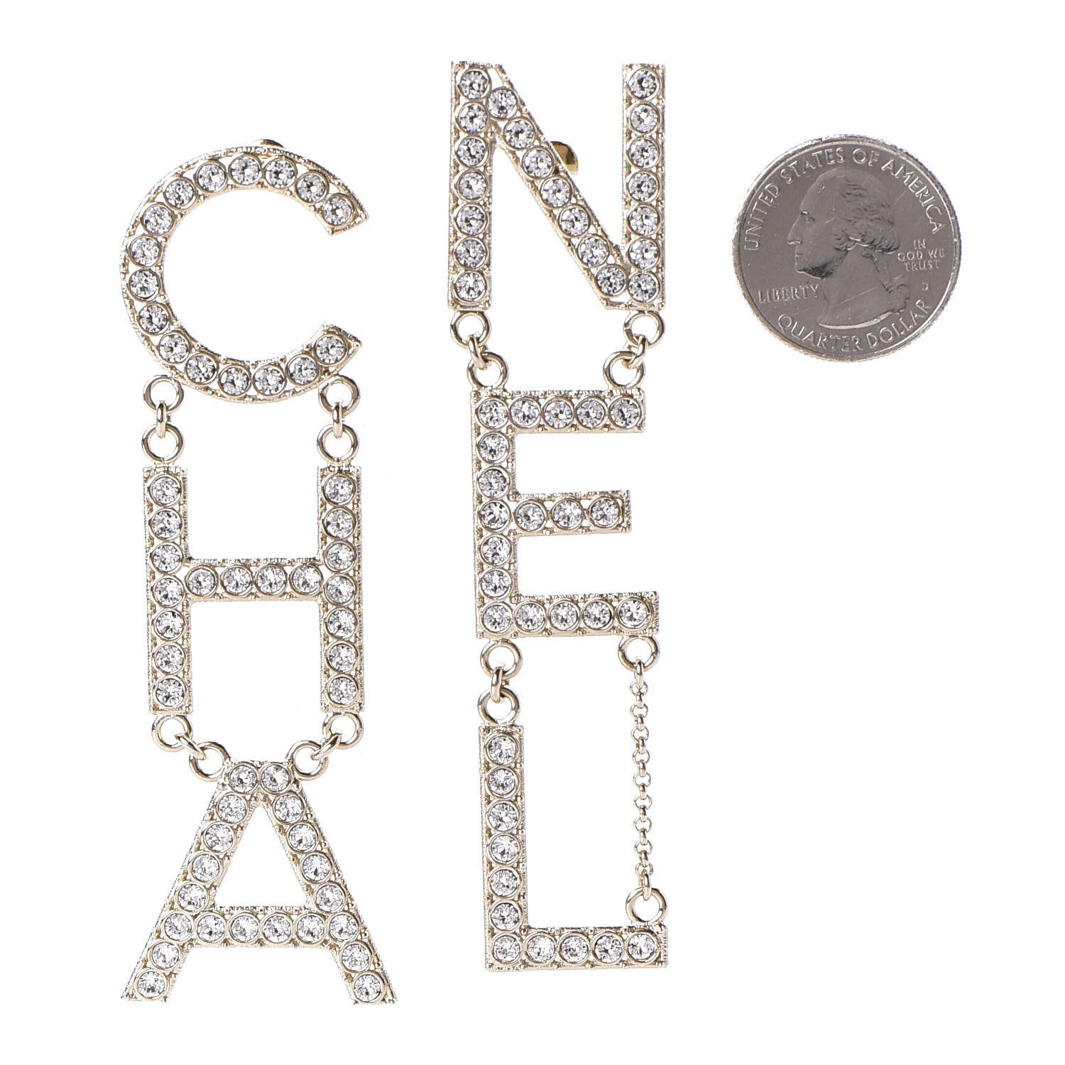 Chanel Crystal Cha-Nel Logo Drop Earrings Gold 2 of 5