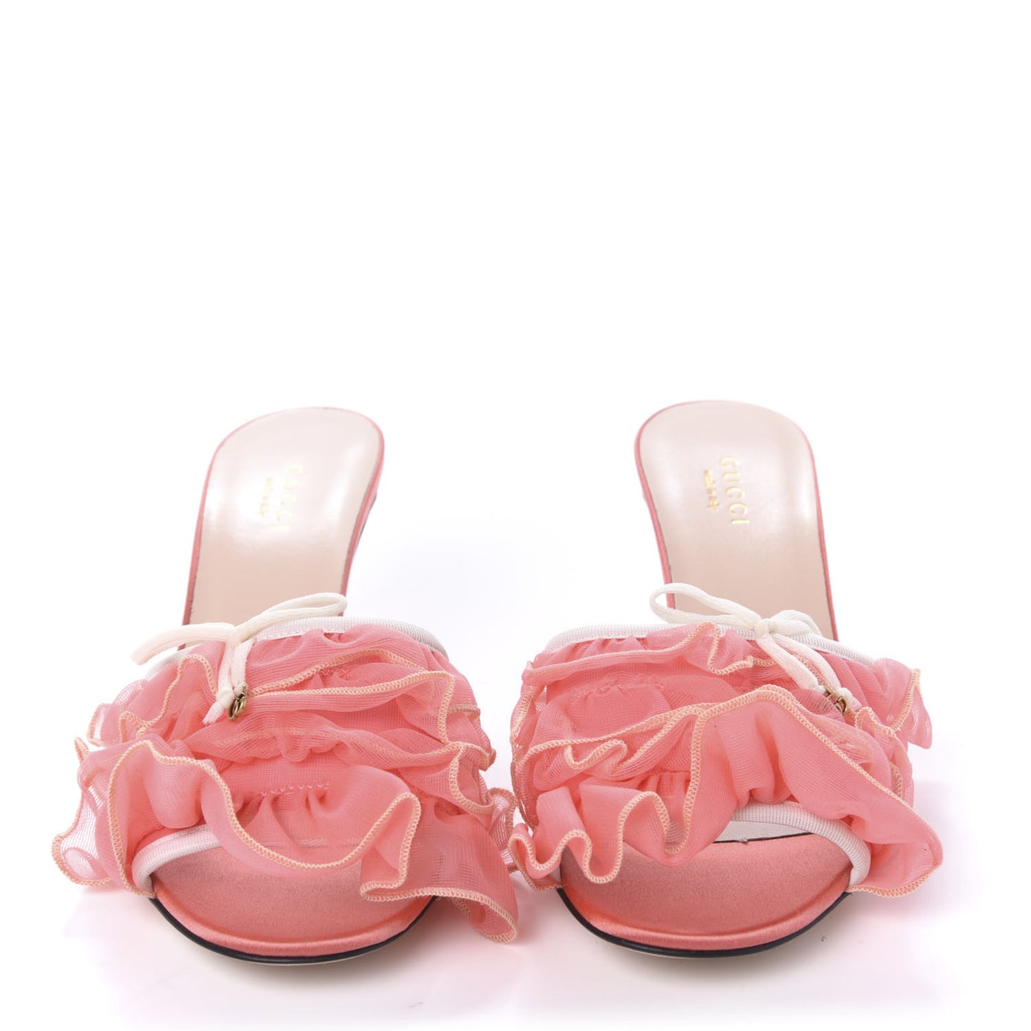 Tulle Ruffle Low Heel Slide Sandals 37 Peach Mystic White