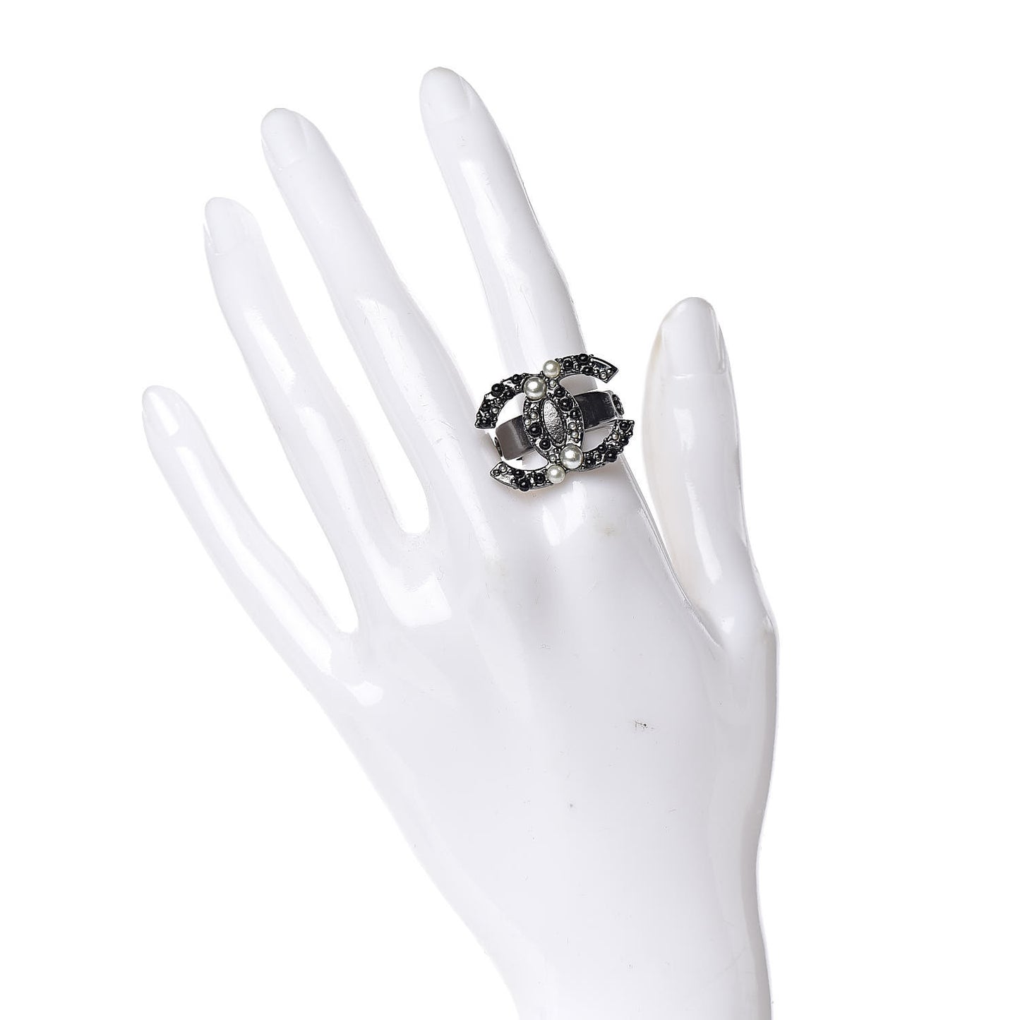 Ruthenium Pearl Beaded CC Ring 7 Black