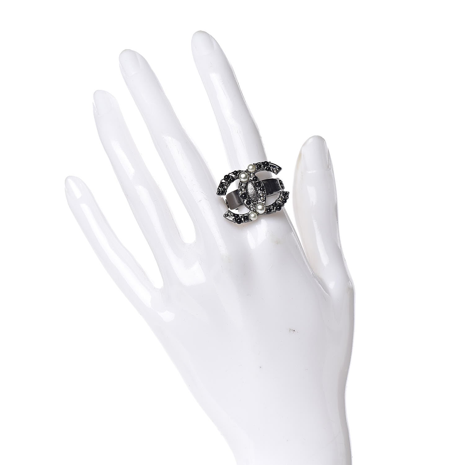 Chanel Ruthenium Pearl Beaded CC Ring 7 Black 2 of 5