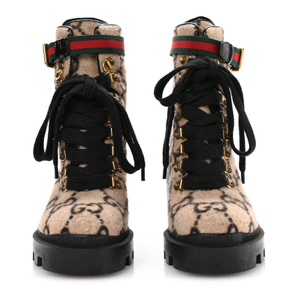 Gucci Covered Wool GG Monogram Womens Lace Up Combat Ankle Boots 35 Beige Ebony Black 3 of 8