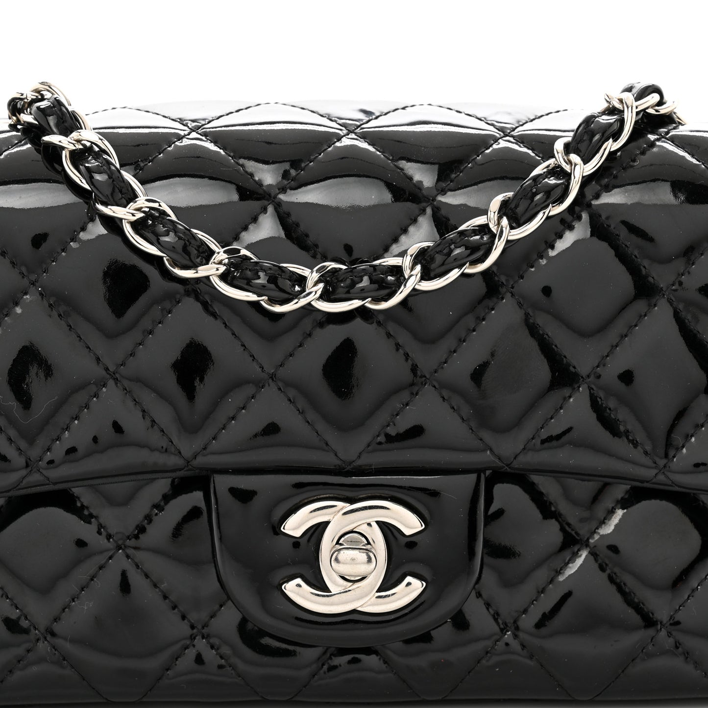 Patent Calfskin Quilted Mini Rectangular Flap Black