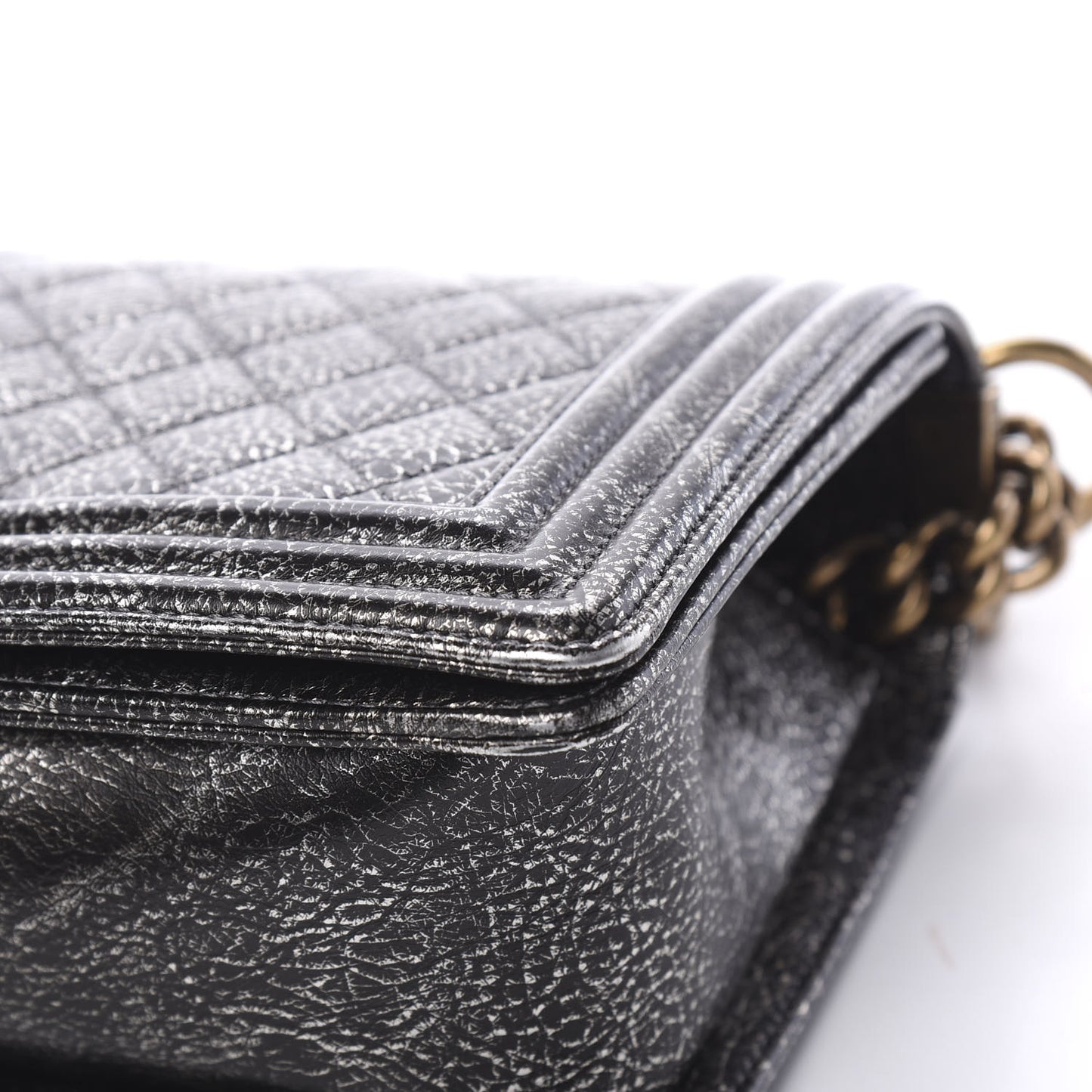 Cracked Metallic Calfskin Quilted Medium Boy Flap Dark Silver