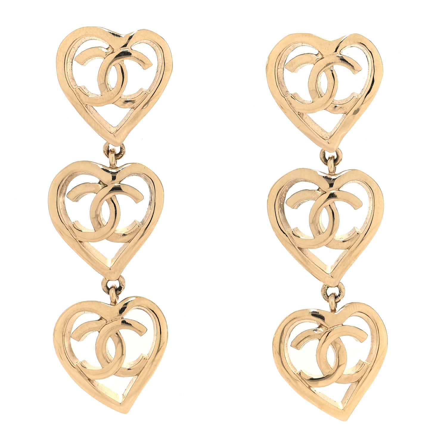Chanel Metal CC Triple Heart Coco In Love Drop Earrings Gold 1 of 5