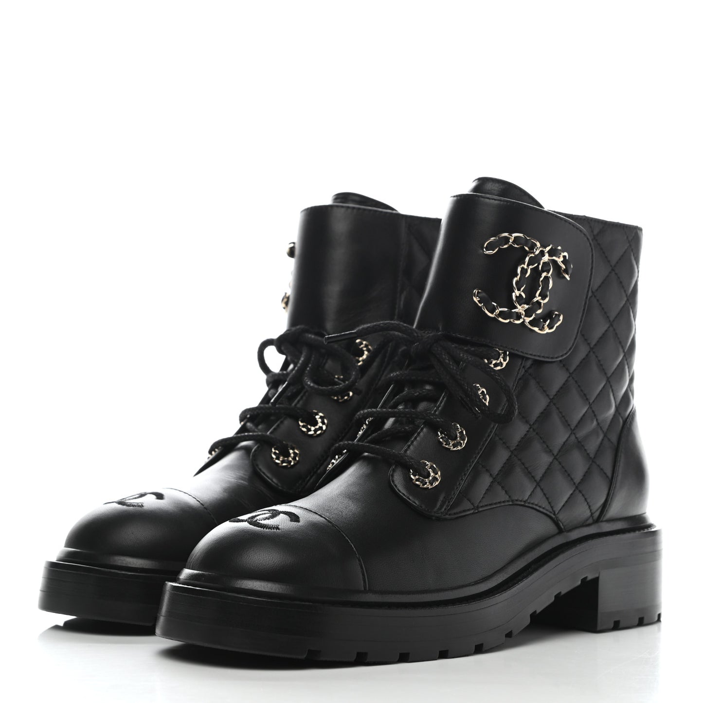 Shiny Lambskin Quilted Lace Up Combat Boots 38 Black