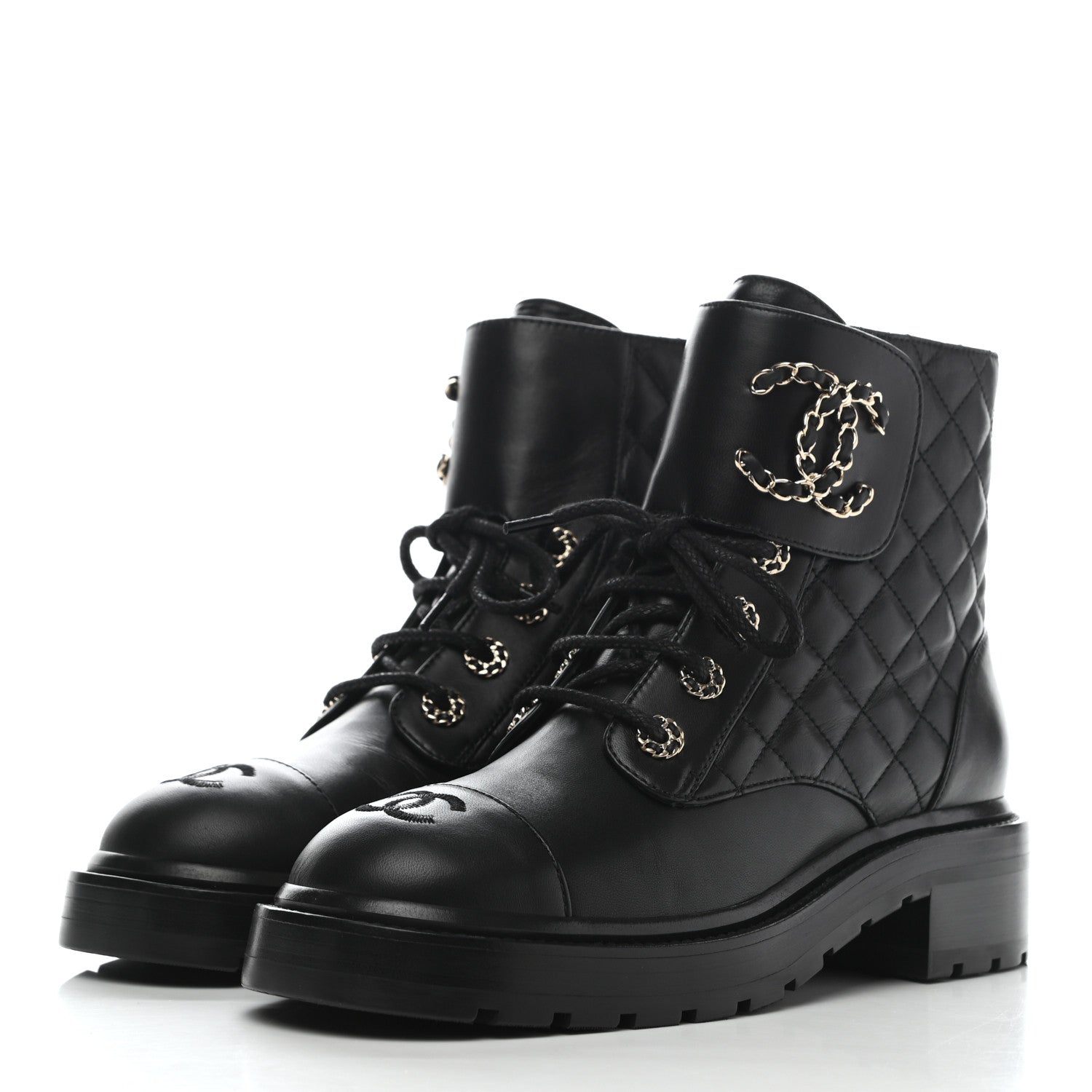 Chanel Shiny Lambskin Quilted Lace Up Combat Boots 38 Black 3 of 9