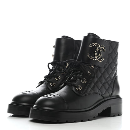 Chanel Shiny Lambskin Quilted Lace Up Combat Boots 38 Black 3 of 9