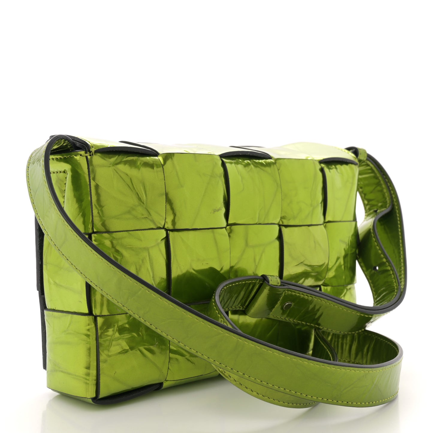 Metallic Crushed Calfskin Maxi Intrecciato Cassette Crossbody Bag Chlorophyll