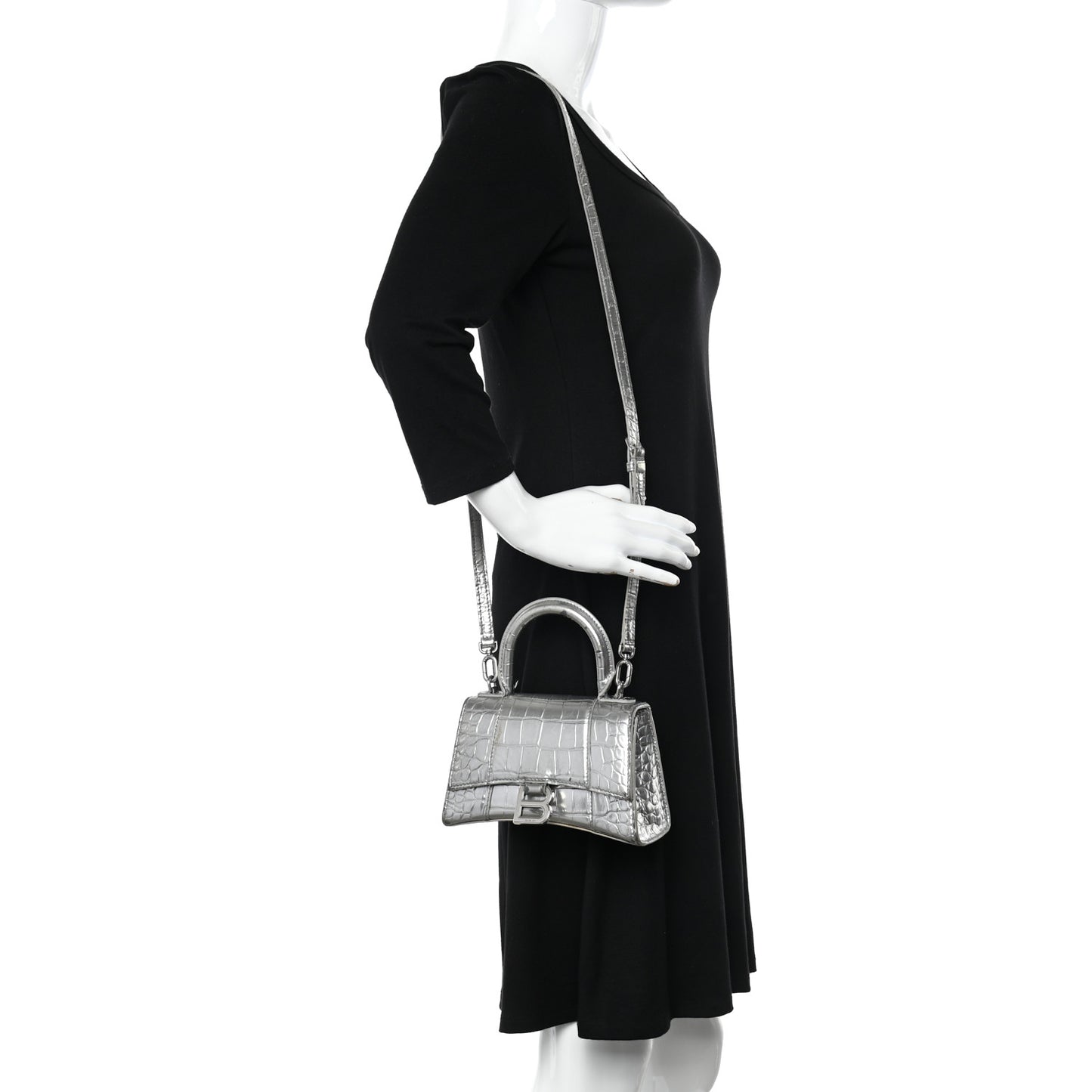 Metallic Calfskin Crocodile Embossed Hourglass Top Handle Bag XS Silver