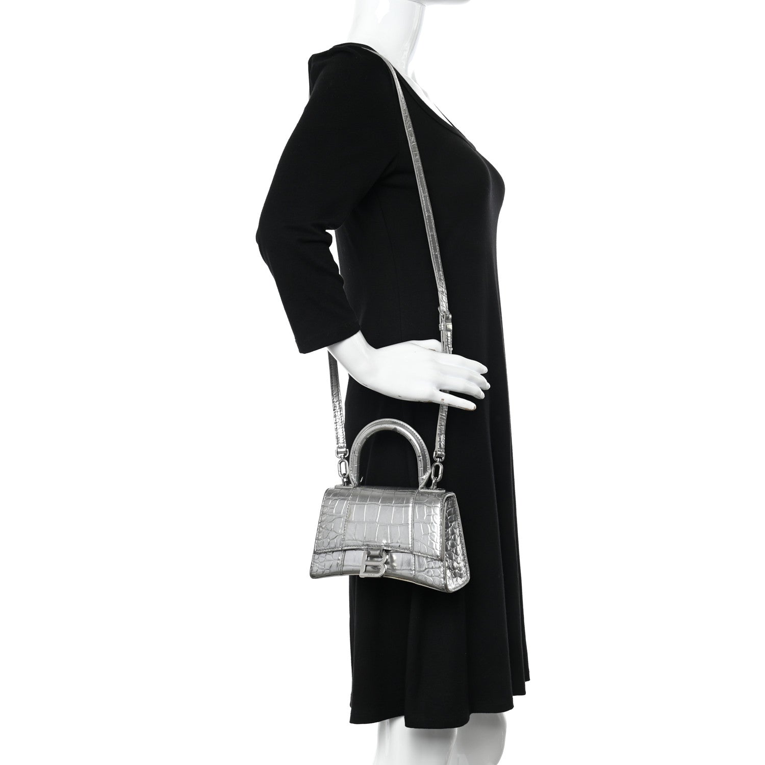 Balenciaga Metallic Calfskin Crocodile Embossed Hourglass Top Handle Bag XS Silver 2 of 27