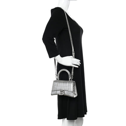 Balenciaga Metallic Calfskin Crocodile Embossed Hourglass Top Handle Bag XS Silver 2 of 27