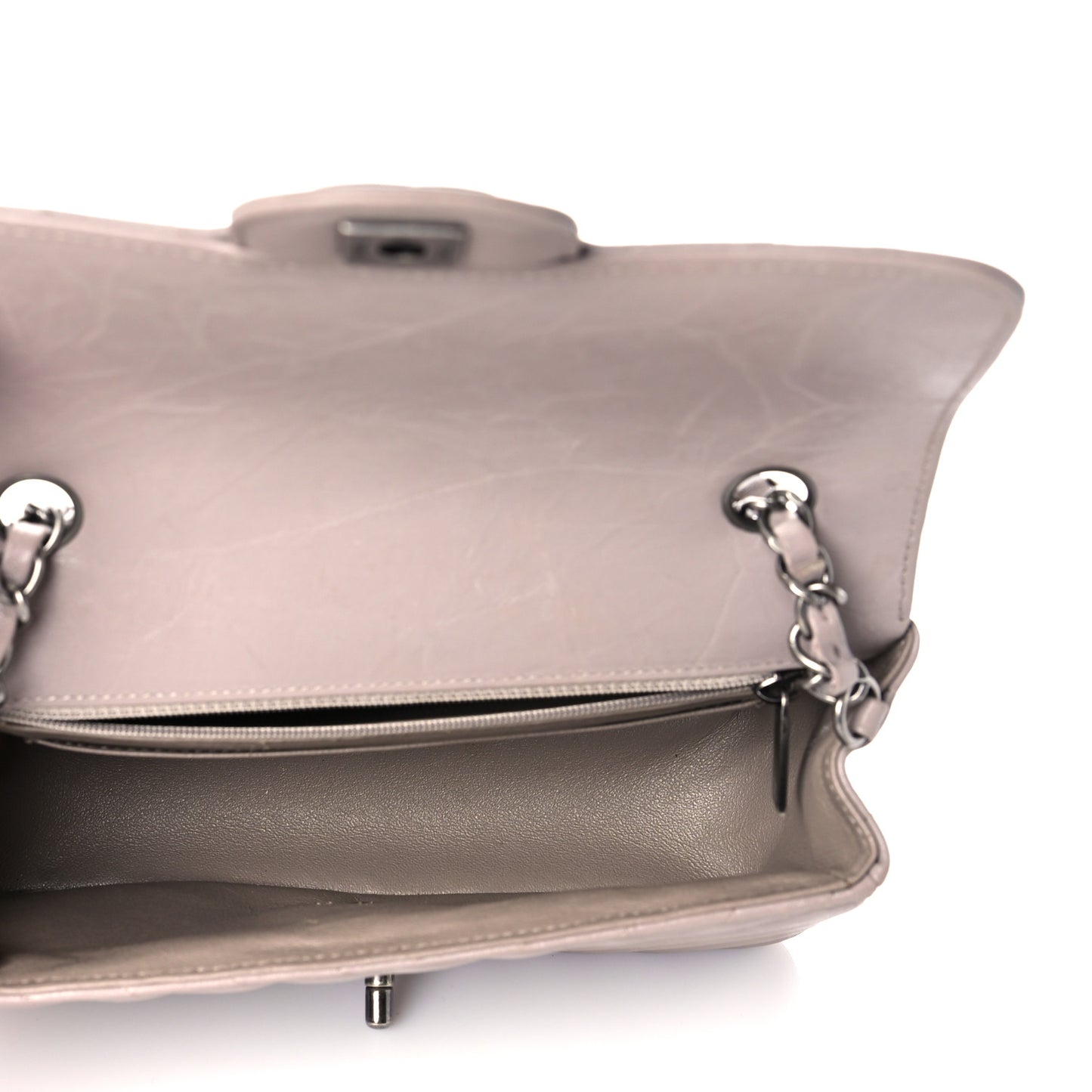 Iridescent Calfskin Chevron Quilted Mini Rectangular Flap Grey