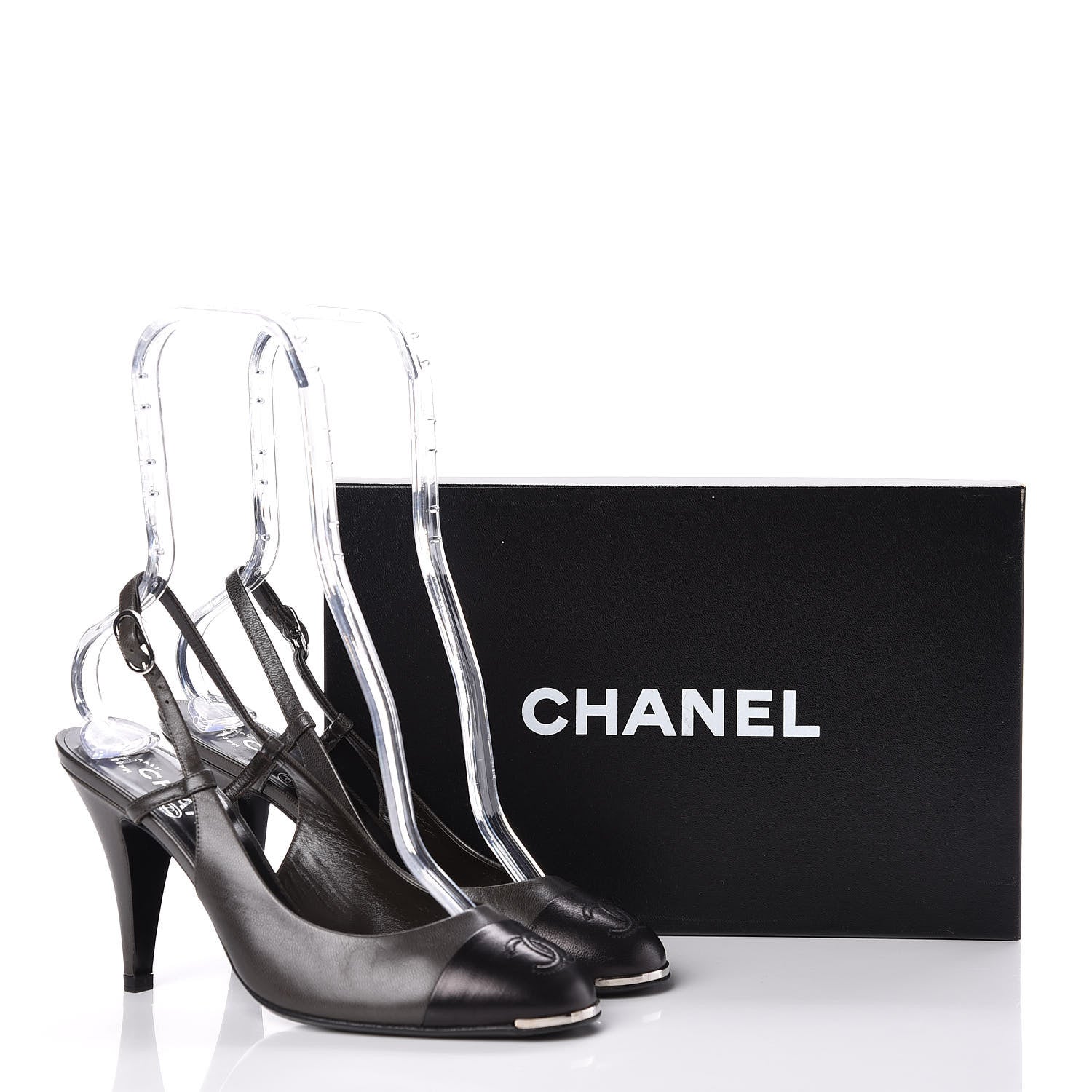 Chanel Lambskin Cap Toe CC Slingback Heels 38.5 Grey Black 13 of 13