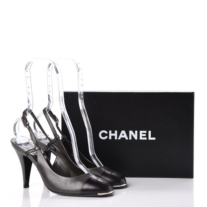 Chanel Lambskin Cap Toe CC Slingback Heels 38.5 Grey Black 13 of 13