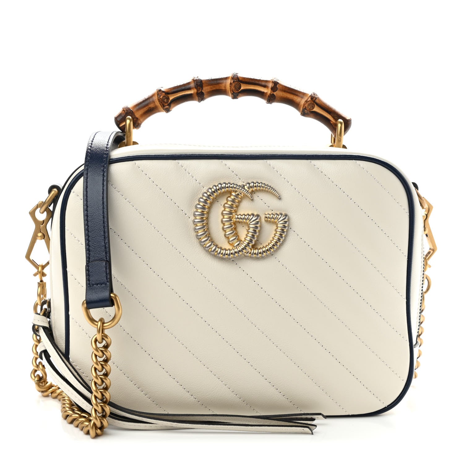 Gucci Vintage Effect Calfskin Matelasse Diagonal Small Torchon GG Marmont Bamboo Top Handle Shoulder Bag Mystic White Blue Agata 1 of 9