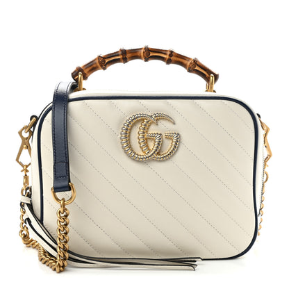Gucci Vintage Effect Calfskin Matelasse Diagonal Small Torchon GG Marmont Bamboo Top Handle Shoulder Bag Mystic White Blue Agata 1 of 9