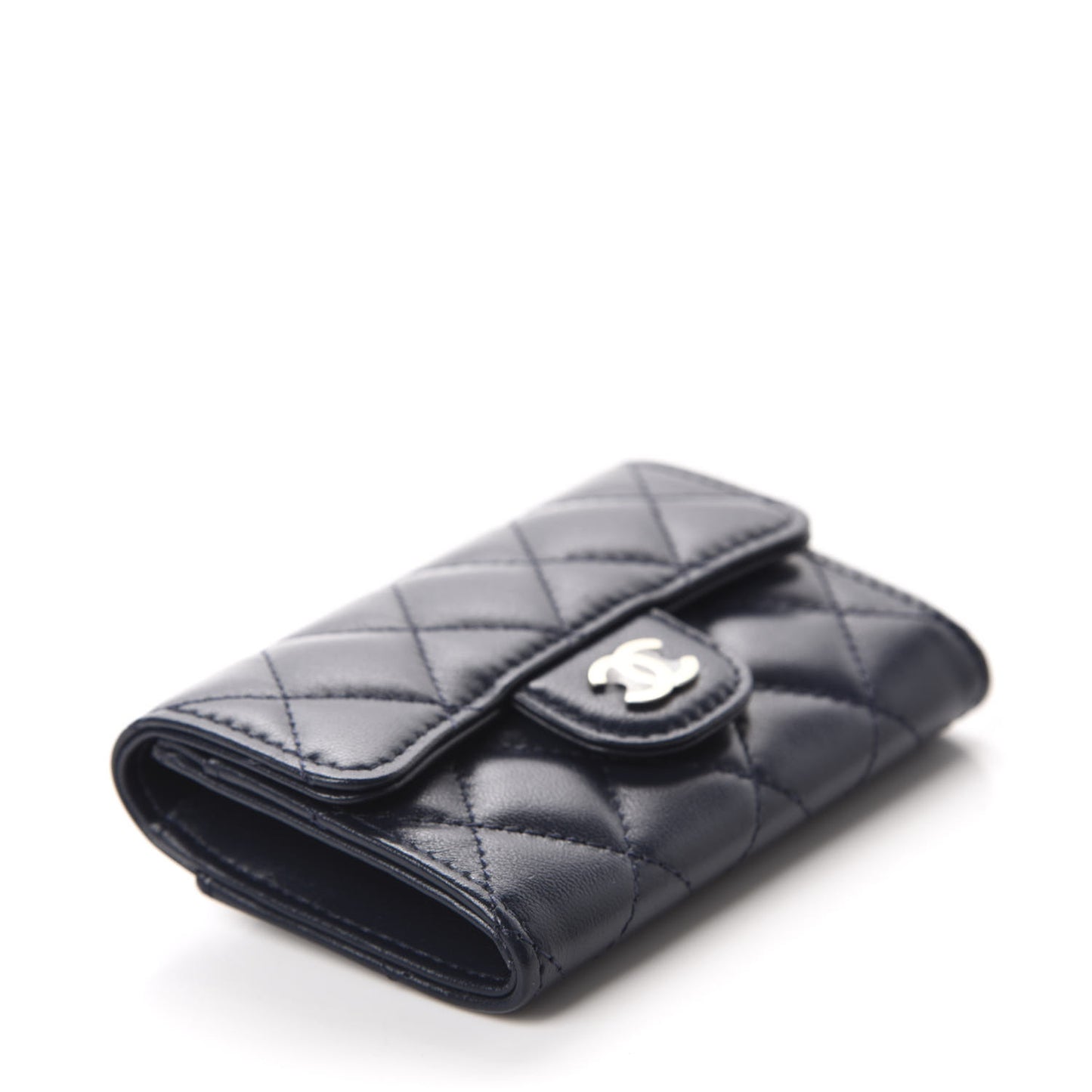 Lambskin Quilted Flap Card Holder Wallet Navy