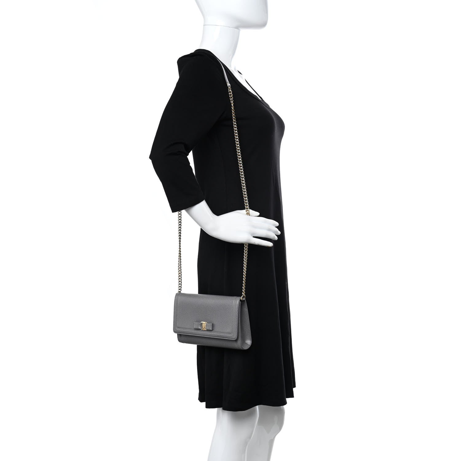 Salvatore Ferragamo Pebbled Calfskin Vara Chain Bag Urban Grey 2 of 8
