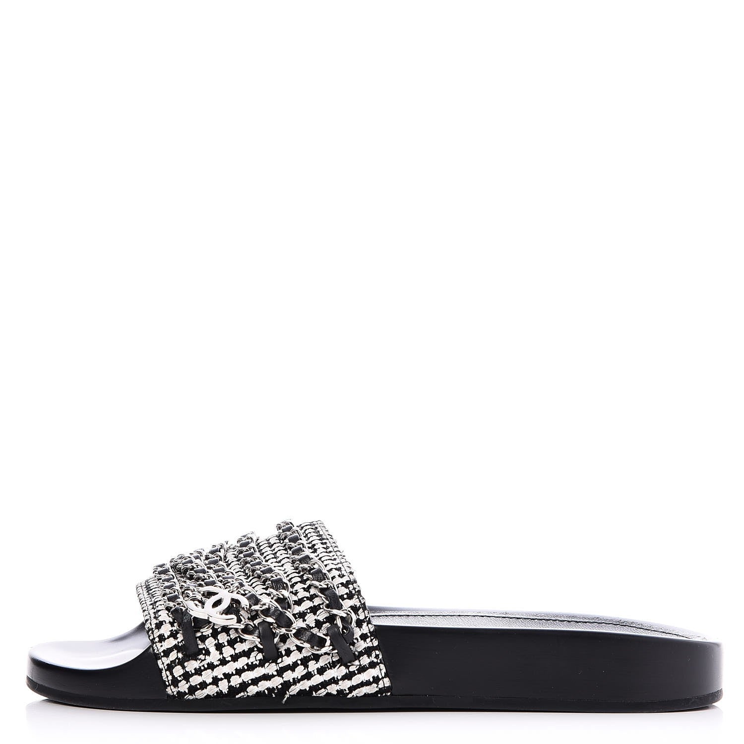 Chanel Tweed Lambskin Chain Flat Sandals 37 Black White 1 of 8