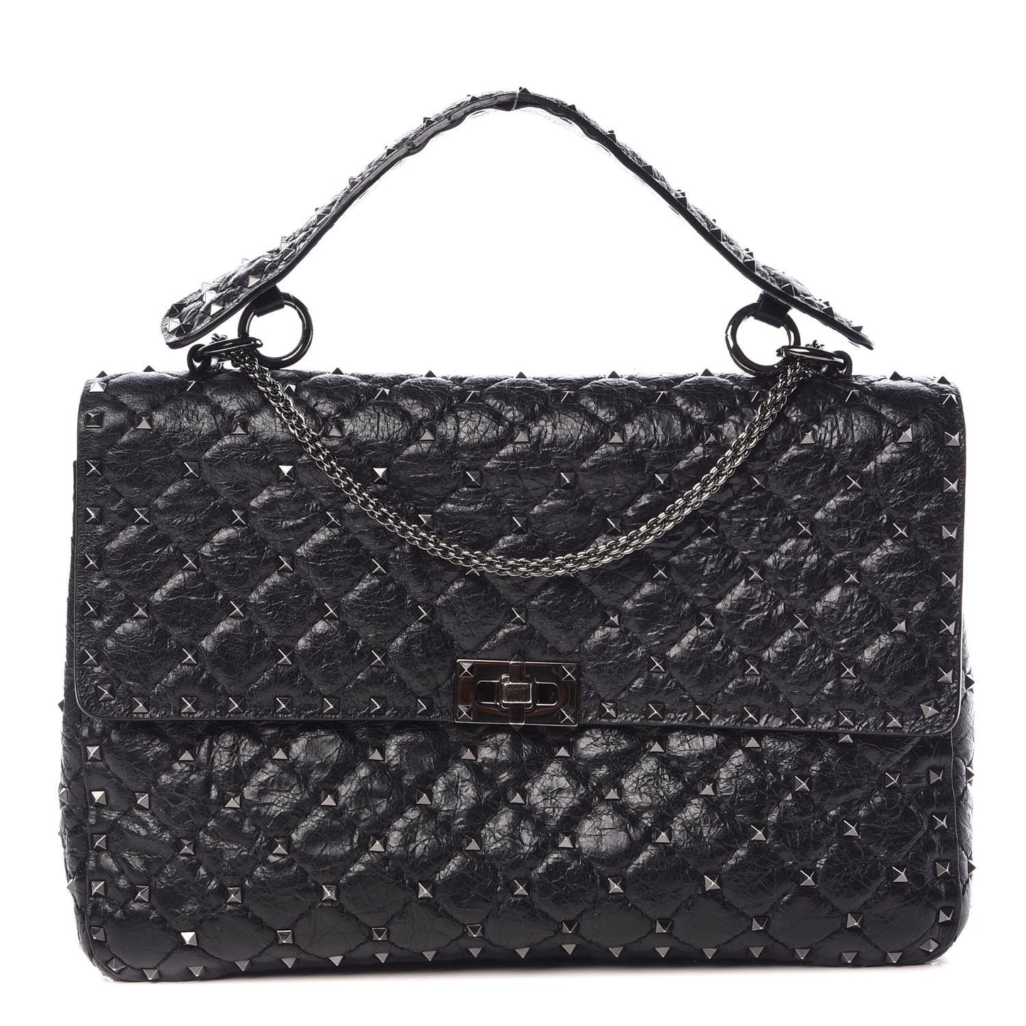 Craquele Nappa Large Rockstud Spike Shoulder Bag Black