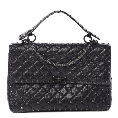 Valentino Garavani Craquele Nappa Large Rockstud Spike Shoulder Bag Black 1 of 7