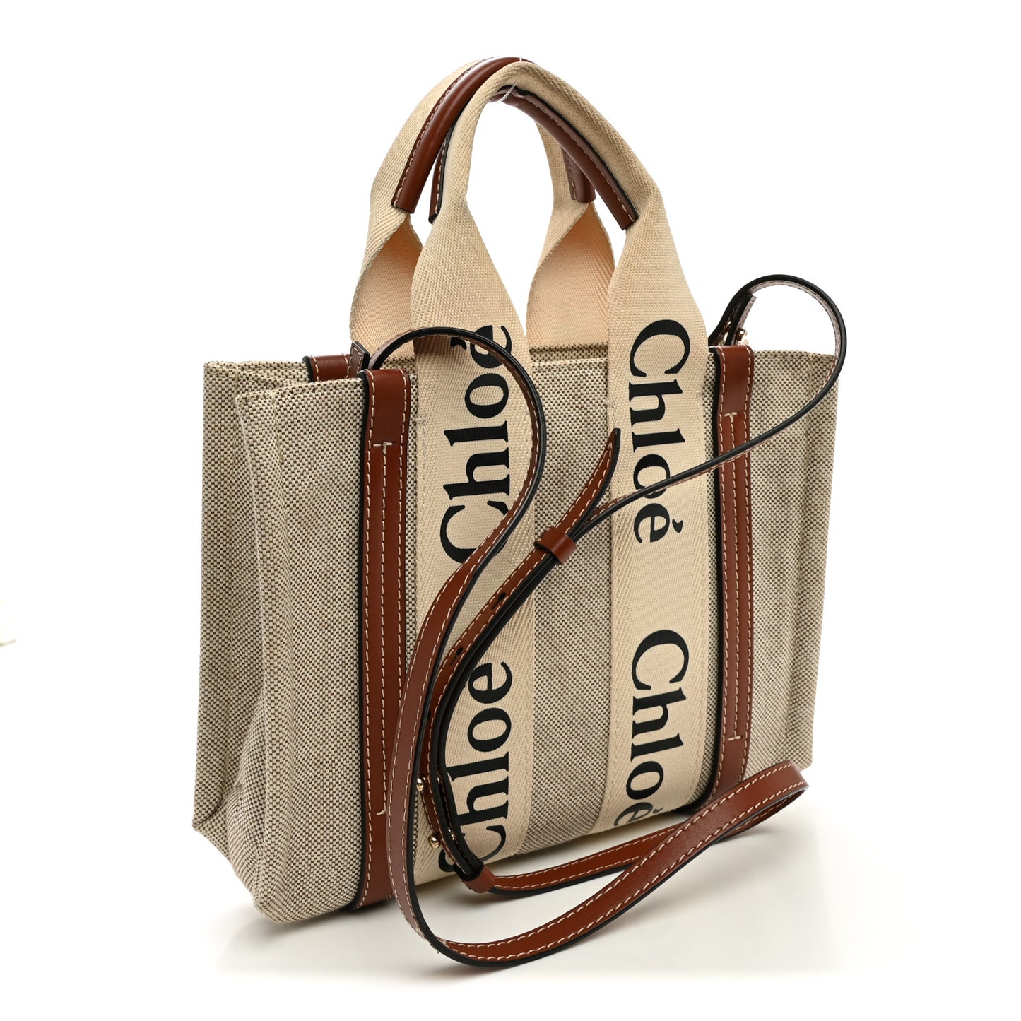 Cotton Calfskin Small Woody Ribbon Tote With Strap White Brown