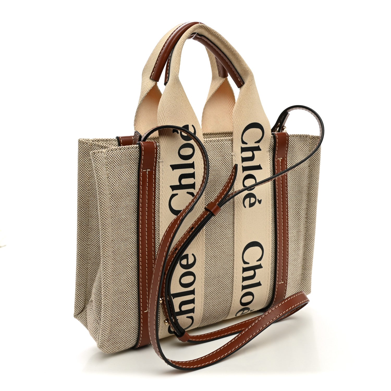 Chloe Cotton Calfskin Small Woody Ribbon Tote With Strap White Brown 3 of 10
