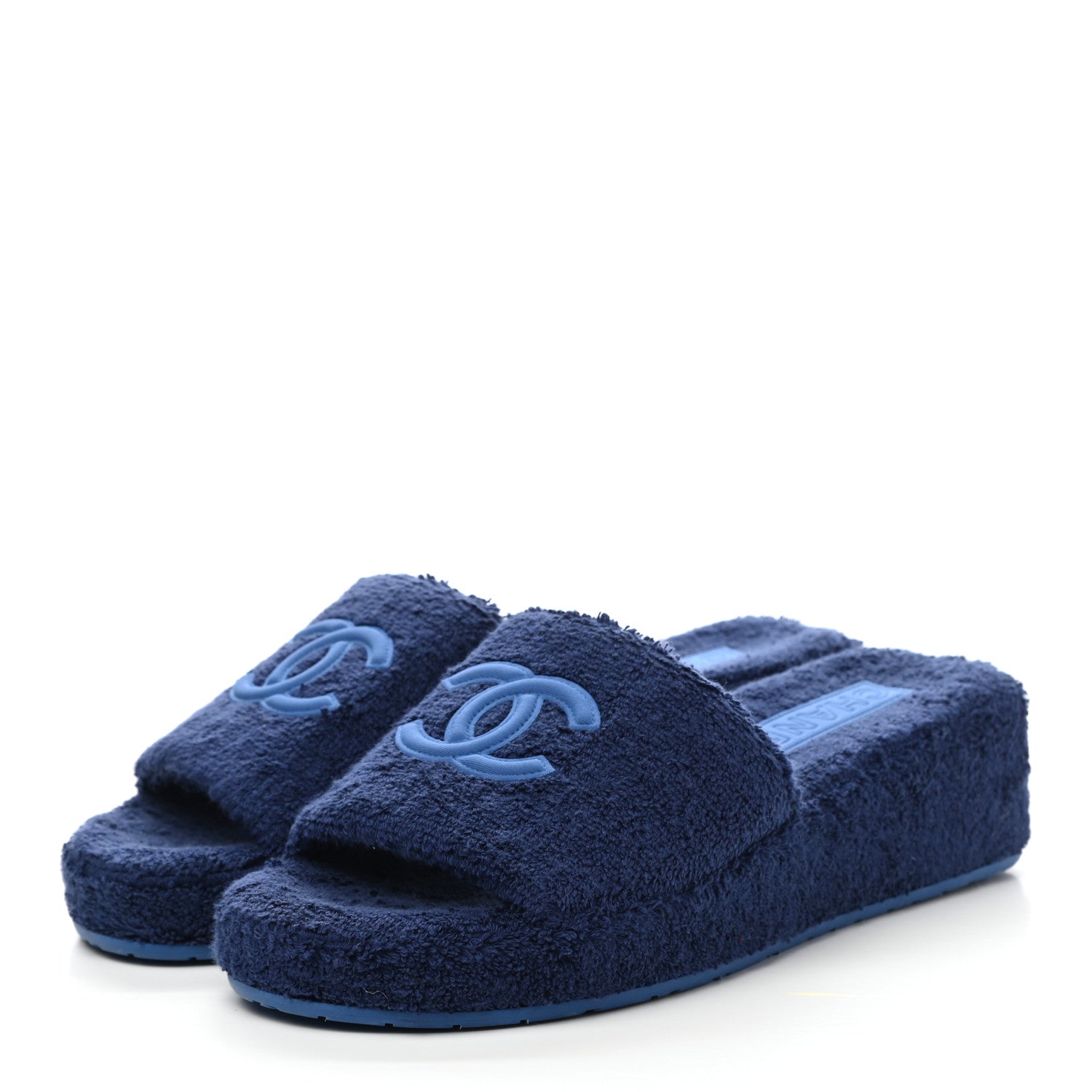 Chanel Terry CC Flat Mules Sandals 38 Dark Navy Blue 3 of 9