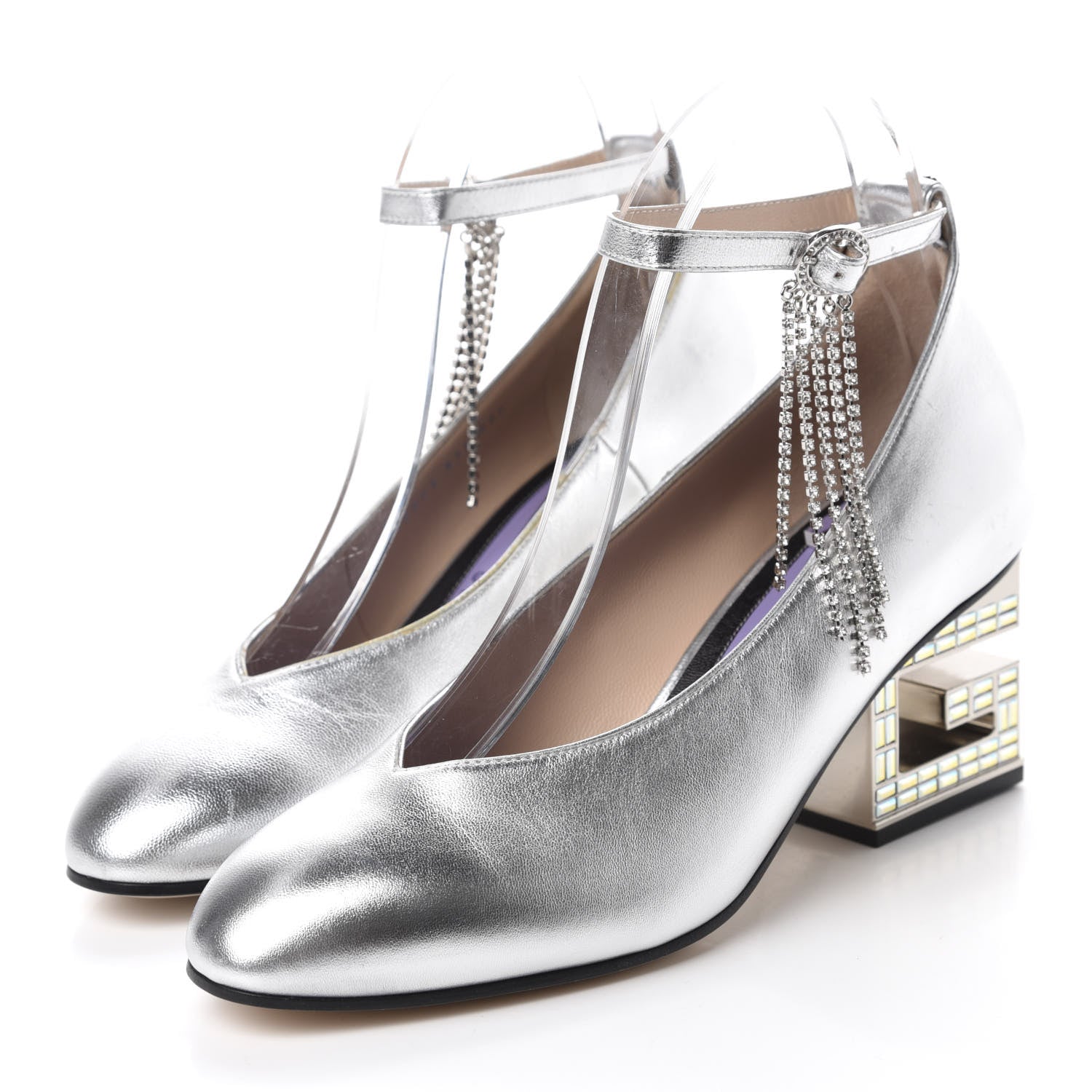 Gucci Metallic Nappa Crystal Square G Mid Heel Pumps 37.5 Silver 3 of 10