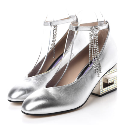 Gucci Metallic Nappa Crystal Square G Mid Heel Pumps 37.5 Silver 3 of 10